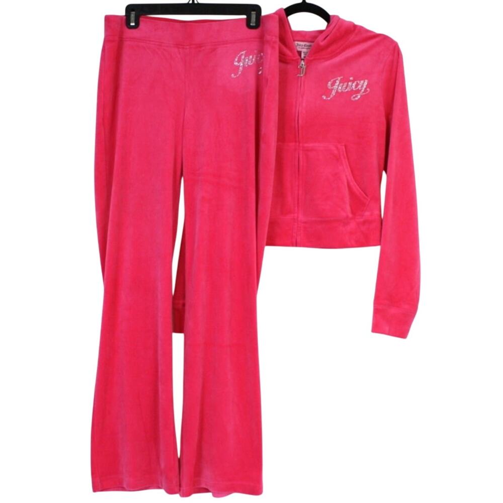 Juicy Couture Pink Party Velour Tracksuit Set Womens M Y2K Rhinestone